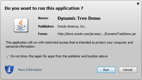 Screen shot of the security dialog shown for an RIA that runs in the security sandbox and is signed with a certificate from a trusted certificate authority.
