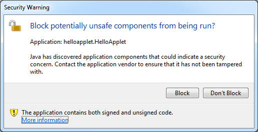 Screen shot of Mixed Code Warning Dialog
